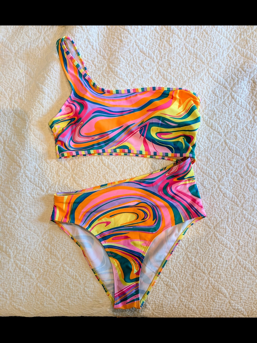 One-Shoulder Swirl Print Bikini - Pink, Orange & Yellow
